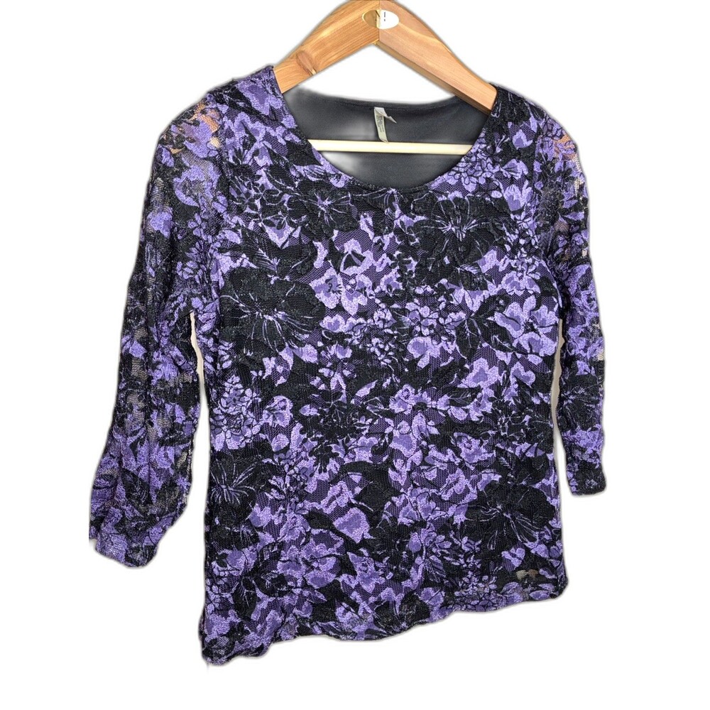 White Stag Women’s XL Purple Sheer Long Sleeve Floral Netting Blouse